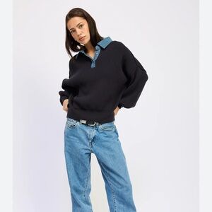 NWT Emory Park Lydia Oversized Navy Sweater with Blue Denim Collar